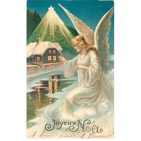 n°20837 - Carte Gaufrée - Joyeux Noël - Ange Gardien près d'une maison