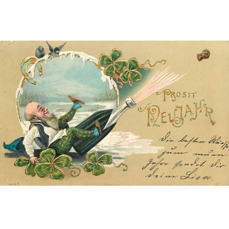 n°20843 - Carte Gaufrée - Prosit Neujahr - Lutin tombant en débouchant une bouteille de Champagne