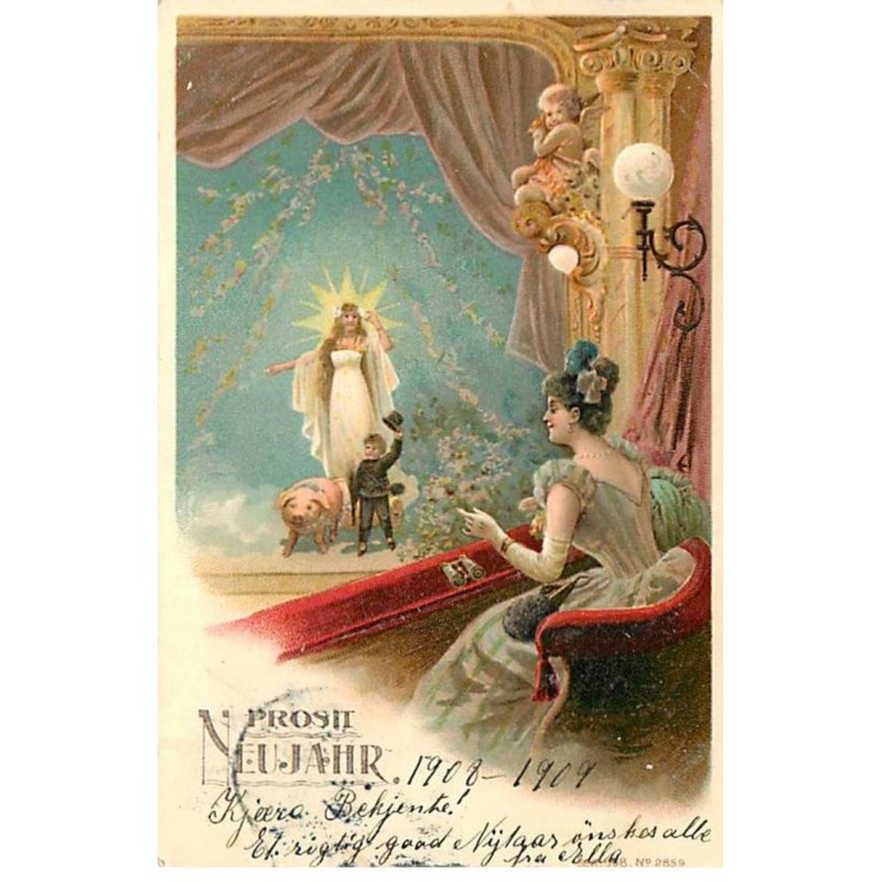 n°20844 - Carte Gaufrée - Prosit Neujahr - Jeune femme regardant un spectacle d'un ange gardien, un cochon, un ramoneur
