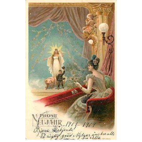 n°20844 - Carte Gaufrée - Prosit Neujahr - Jeune femme regardant un spectacle d'un ange gardien, un cochon, un ramoneur