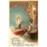 n°20844 - Carte Gaufrée - Prosit Neujahr - Jeune femme regardant un spectacle d'un ange gardien, un cochon, un ramoneur