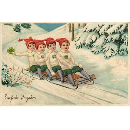 n°20845 - Carte Gaufrée - Ein Frohes Neujahr - Garçons sur une luge, avec des trèfles