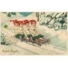 n°20845 - Carte Gaufrée - Ein Frohes Neujahr - Garçons sur une luge, avec des trèfles