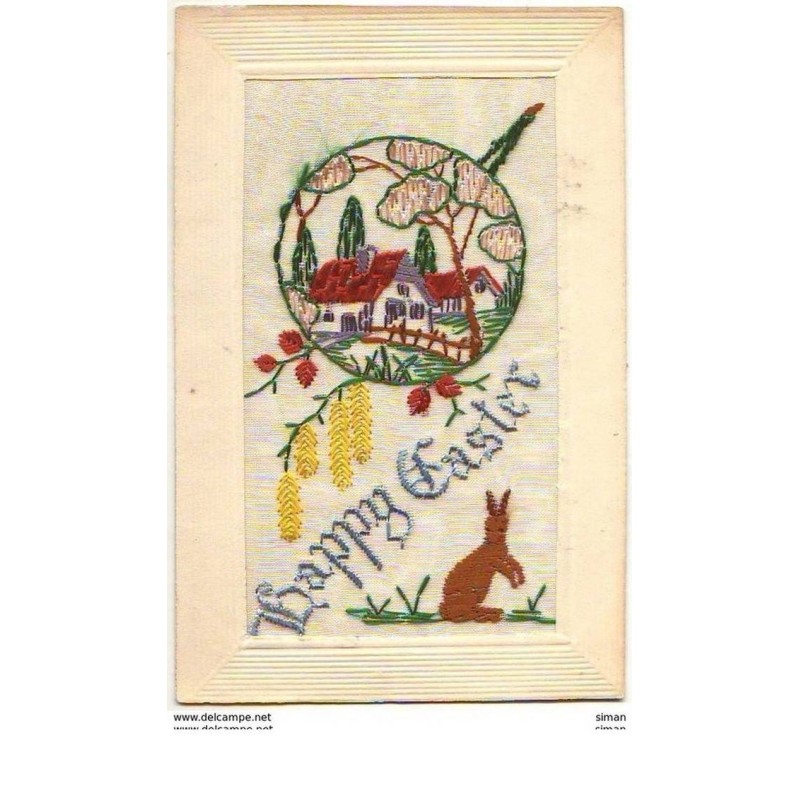 n°11208 - Carte Fantaisie Brodée - Happy Easter - Village dans un Médaillon + Lapin