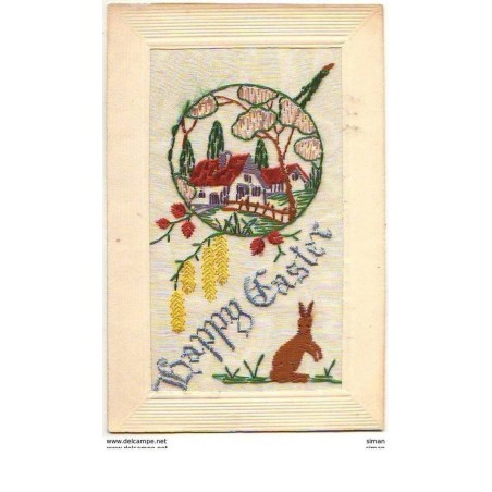 n°11208 - Carte Fantaisie Brodée - Happy Easter - Village dans un Médaillon + Lapin