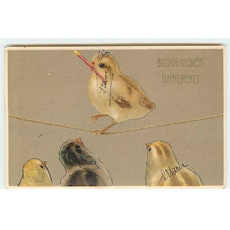 n°20876 - Carte Gaufrée - Boldog Husvéti Ünnepeket - Poussins, l'un jouant au funambule