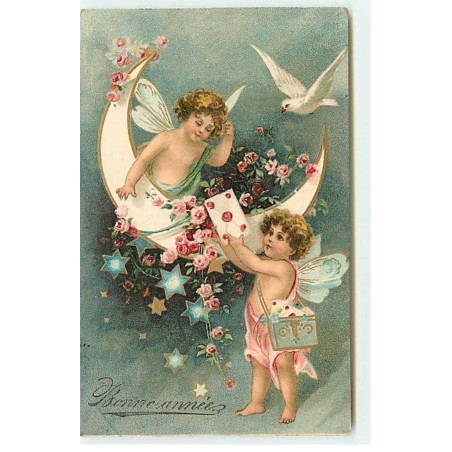 n°20885 - Carte Gaufrée - Clapsaddle - Bonne Année - Anges - Croissant de lune