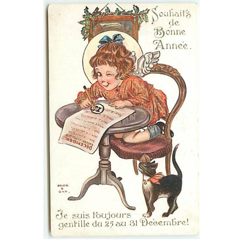 n°20887 - Helen B. Gay - Souhaits de Bonne Année - Fillette écrivant sous le regard d'un chat