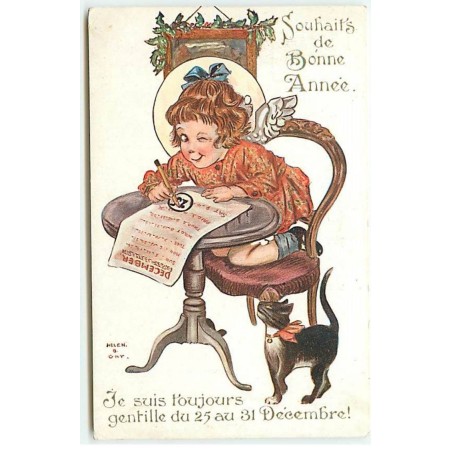 n°20887 - Helen B. Gay - Souhaits de Bonne Année - Fillette écrivant sous le regard d'un chat