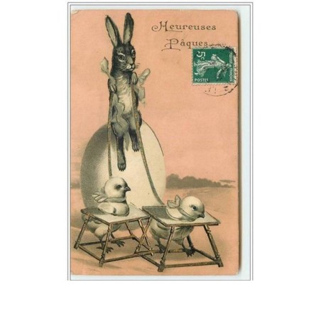 n°2089 - Carte Gaufrée - Heureuses Pâques - Lapin et poussins