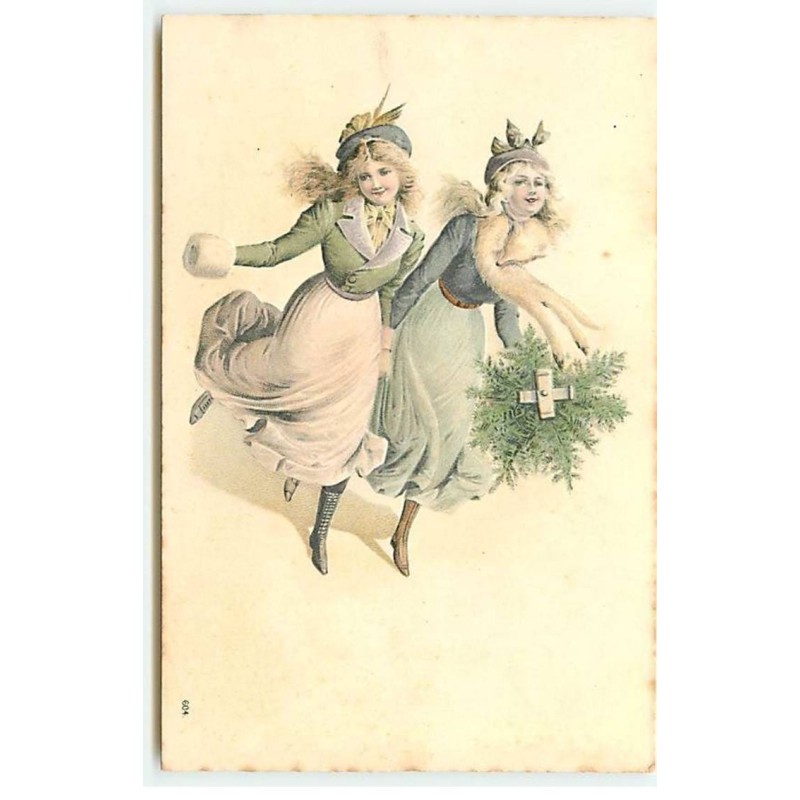 n°20893 - Carte Gaufrée - Deux jeunes femmes, l'une portant un sapin