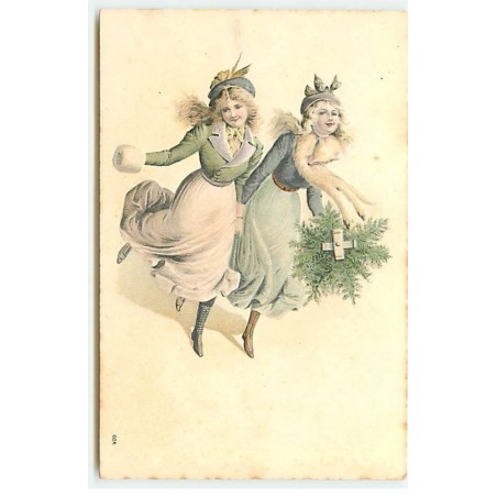 n°20893 - Carte Gaufrée - Deux jeunes femmes, l'une portant un sapin