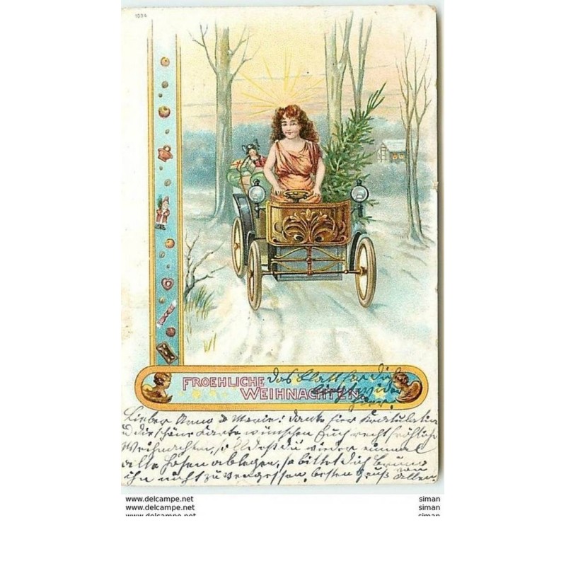 n°10043 - Carte Fantaisie - Fröhliche Weihnachten - Femme dans une automobile