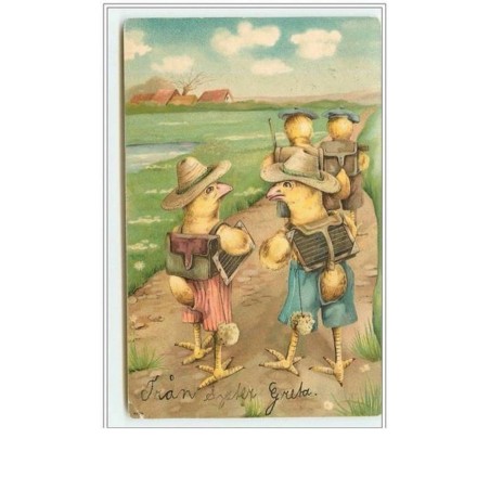 n°2091 - Carte Gaufrée - Poussins écoliers