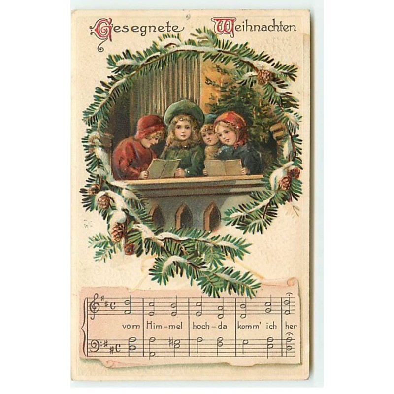 n°20920 - Carte Gaufrée -Gesegnete Weihnachten - Enfants chantant, et partition