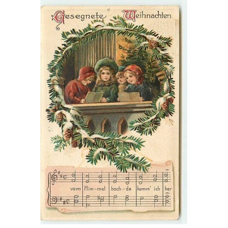 n°20920 - Carte Gaufrée -Gesegnete Weihnachten - Enfants chantant, et partition