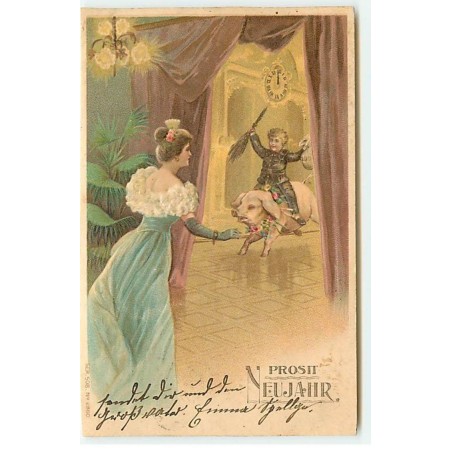 n°20929 - Carte Gaufrée - Prosit Neujahr - Femme regardant un ramoneur sur le dos d'un cochon