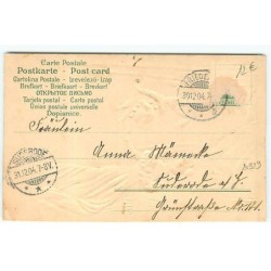 n°20929 - Carte Gaufrée - Prosit Neujahr - Femme regardant un ramoneur sur le dos d'un cochon