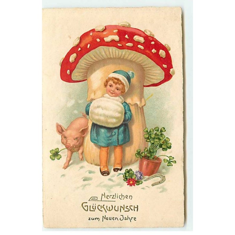 n°20934 - Fillette sous un champignon, près d'un cochon et des porte bonheurs