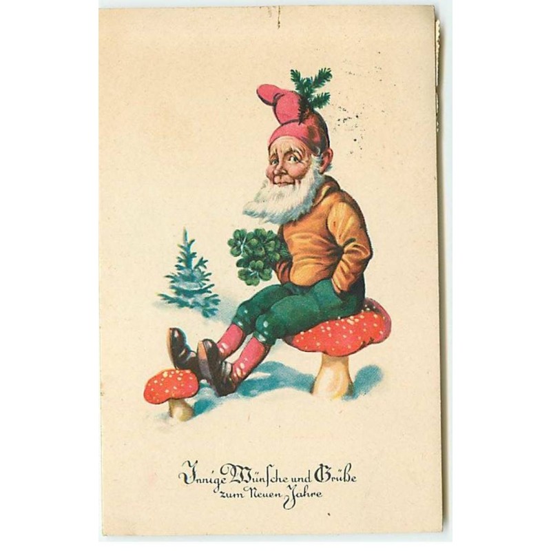 n°20935 - Innige Wünfche und Grüss zum Neuen Jahre - Un nain assis sur un champignon