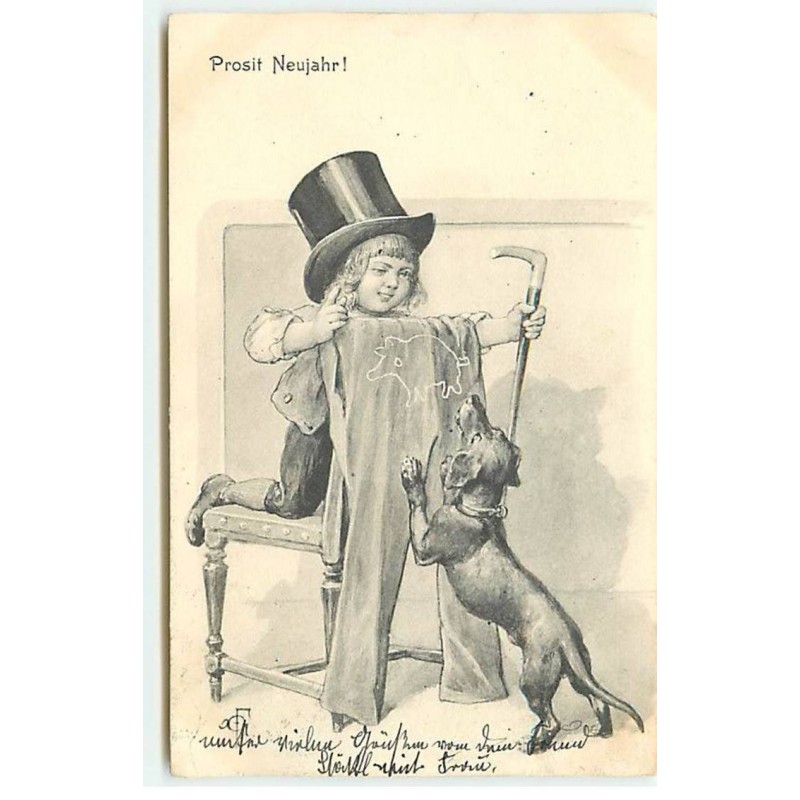 n°20940 - Prosit Neujahr - Teckel jouant avec un enfant portant un chapeau haut de forme