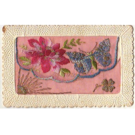 n°20951 - Carte Brodée - Un Papillon et une Fleur