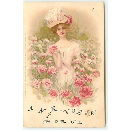 n°20956 - Meissner - Jeune femme au milieu un champ de fleurs
