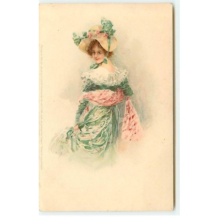 n°20957 - Meissner - Jeune femme portant une robe verte, un voile rose, et un chapeau avec un ruban vert