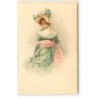 n°20957 - Meissner - Jeune femme portant une robe verte, un voile rose, et un chapeau avec un ruban vert