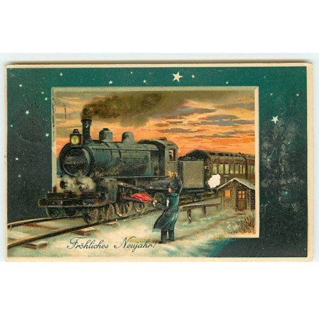 n°20970 - Carte Gaufrée - Fröhliches Neujahr - Homme saluant un train