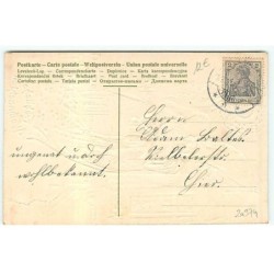 n°20974 - Carte Gaufrée - Fröhliche Weihnachten - Ange gardien dans la nuit près d'une fenêtre
