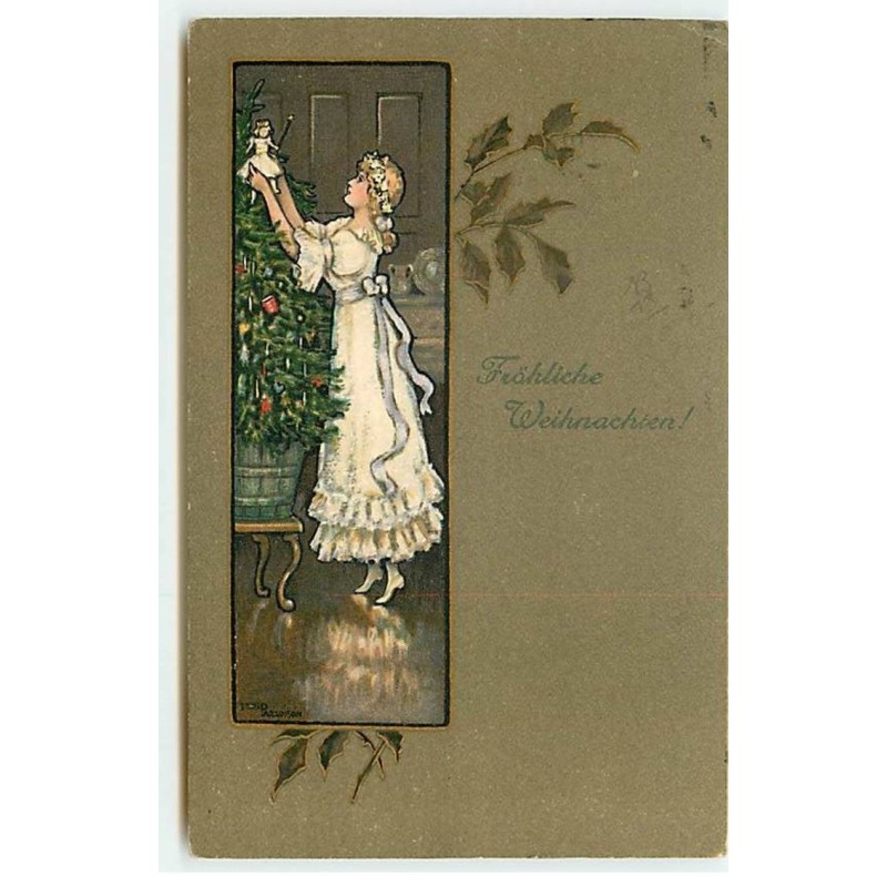 n°20976 - E. Parkinson - Fröhliche Weihnachten - Jeune femme déposant une poupée dans un sapin