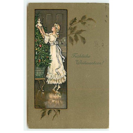 n°20976 - E. Parkinson - Fröhliche Weihnachten - Jeune femme déposant une poupée dans un sapin