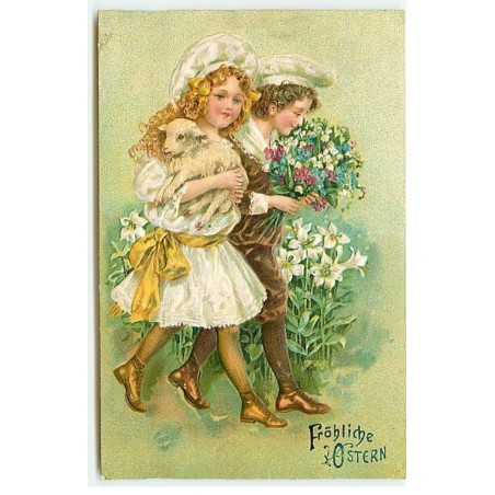 n°20978 - Carte Gaufrée - Fröhliche Ostern - Couple d'enfants, lui portant des fleurs, et elle un agneau