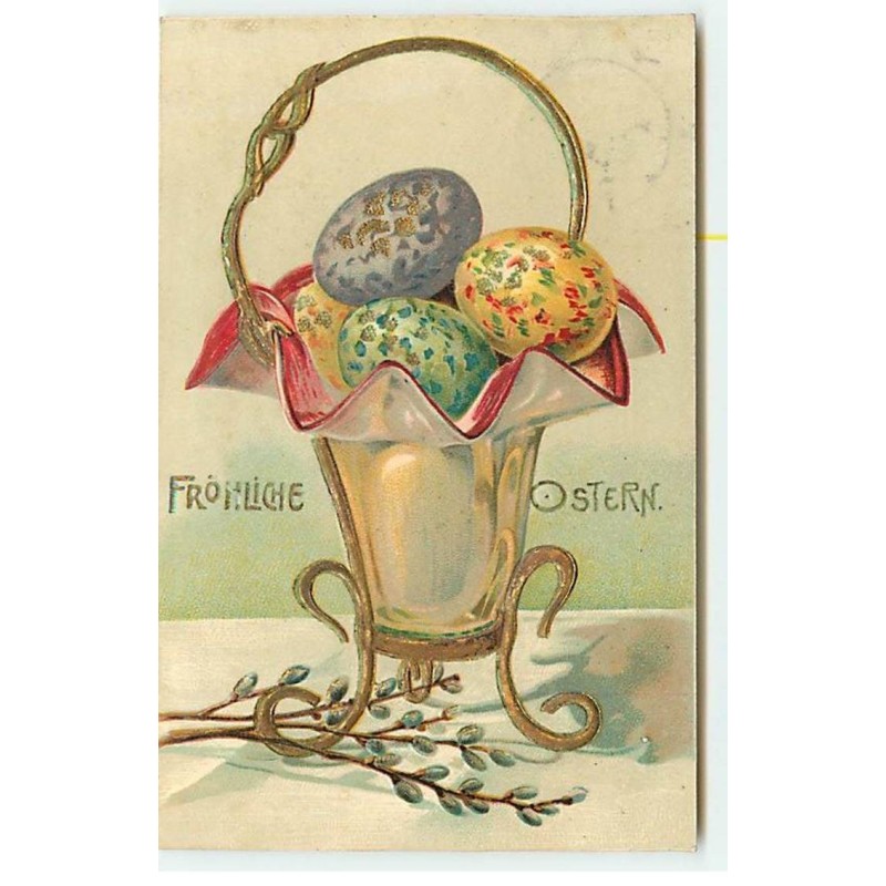 n°20979 - Carte Gaufrée - Fröhliche Ostern - Oeufs dans une coupe