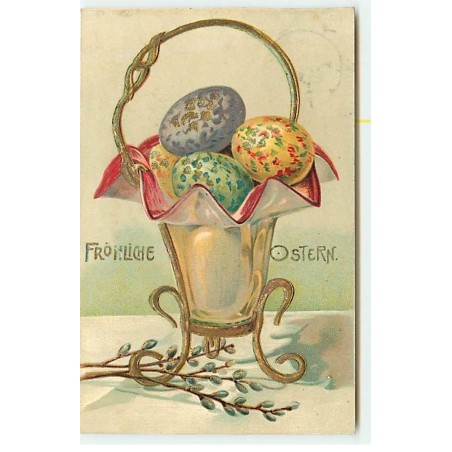 n°20979 - Carte Gaufrée - Fröhliche Ostern - Oeufs dans une coupe