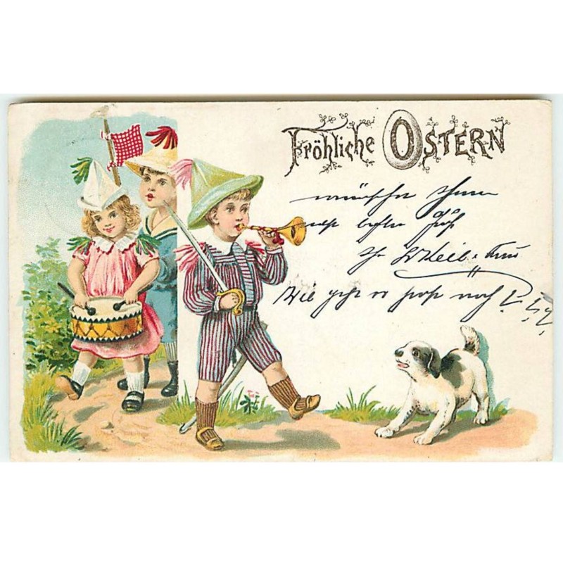 n°20981 - Fröhliche Ostern - Enfants faisant un défilé et jouant de la musique devant un chien