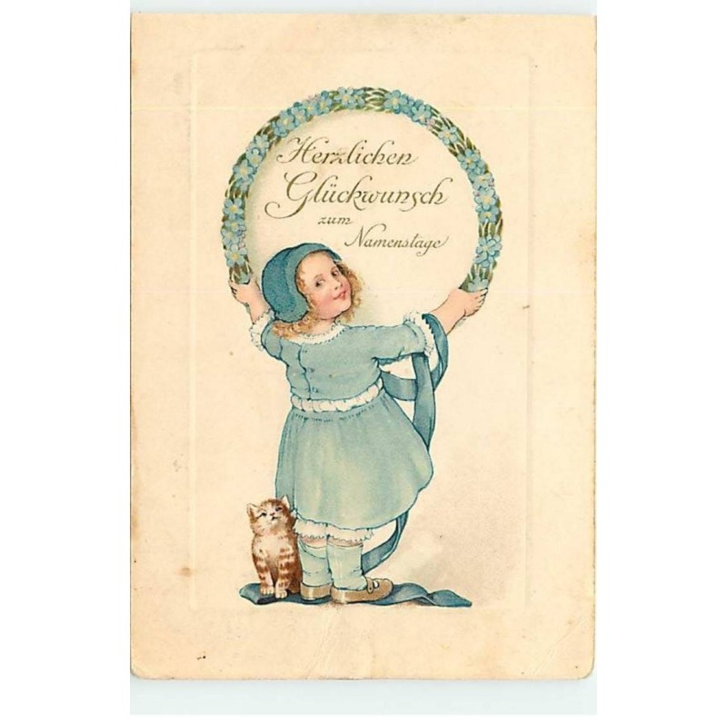 n°20983 - Flatscher - Fillette accrochant une couronne de fleurs - Chat
