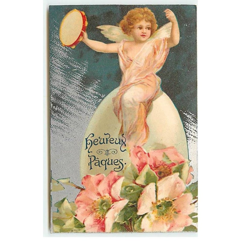 n°20991 - Clapsaddle - Heureux Pâques - Ange sur un oeuf, jouant du tambourin