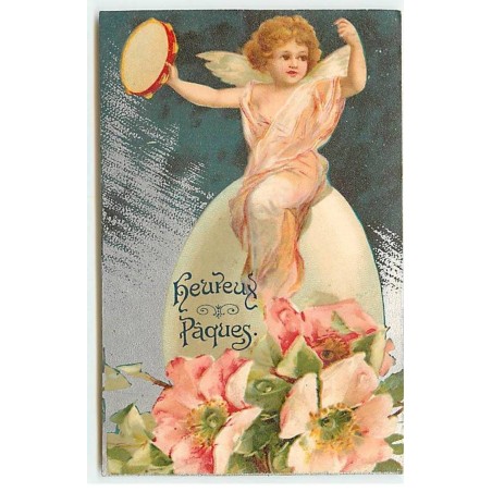 n°20991 - Clapsaddle - Heureux Pâques - Ange sur un oeuf, jouant du tambourin