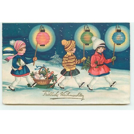 n°21020 - Fröhliche Weihnachten - Fillettes tirant une luge avec un panier, et portant des lampions