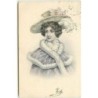 n°11228 - Carte Fantaisie - Femme avec Chapeau Rose et Vert - Série 803