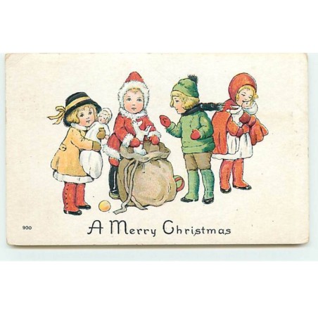 n°21024 - Carte Gaufrée - A Merry Christmas -Fillette avec un manteau de Père Noël offrant des cadeux à d'autres enfants