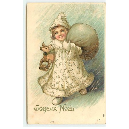 n°21027 - Carte Gaufrée - Joyeux Noël - Enfant portant un sac et un cochon en bois
