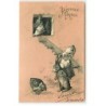 n°21033 - Carte Gaufrée - Joyeuses Pâques - Lapin portant des oeufs dans une hotte, entouré de poules et de poussins