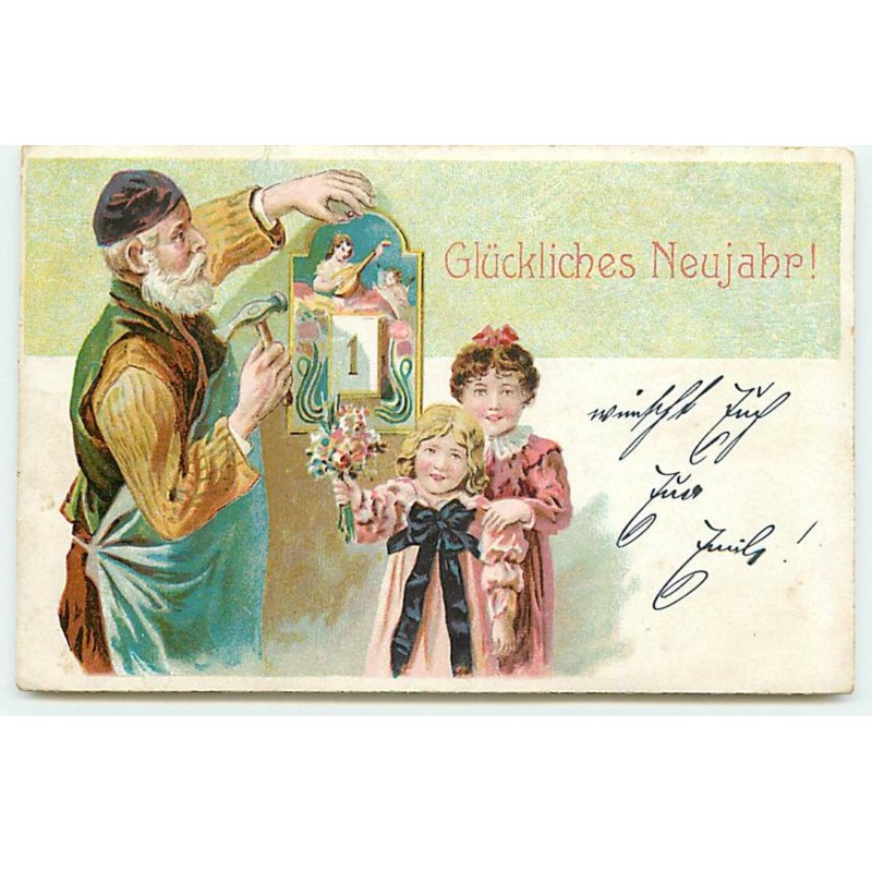 n°21035 - Glückliches Neujahr - Vieil homme accrochant un éphéméride près de deux fillettes