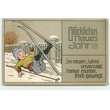 n°21036 - Carte Gaufrée - Glückliches Neues Jahr - Garçon tombé en portant des skis