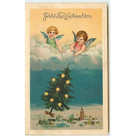 n°11230 - Carte Fantaisie Gaufrée - Fröhliche Weihnachten - Angelots soulevant un sapin