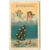 n°11230 - Carte Fantaisie Gaufrée - Fröhliche Weihnachten - Angelots soulevant un sapin