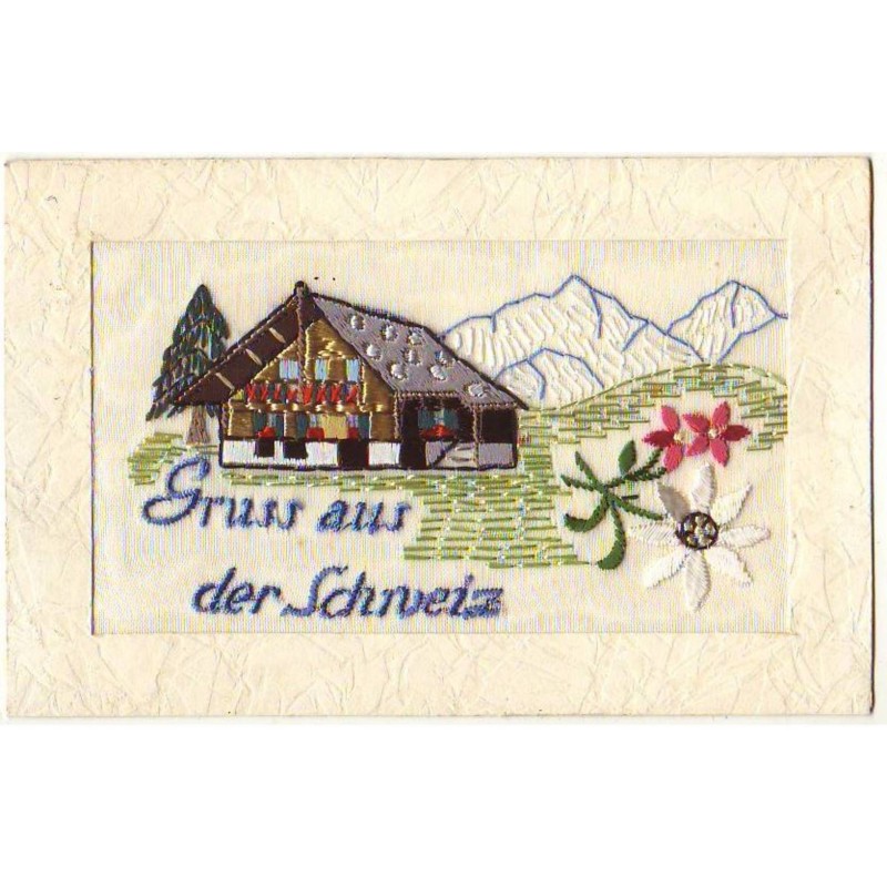 n°21151 - Carte Brodée - Gruss aus der Schnveiz - Chalet et Edelweis